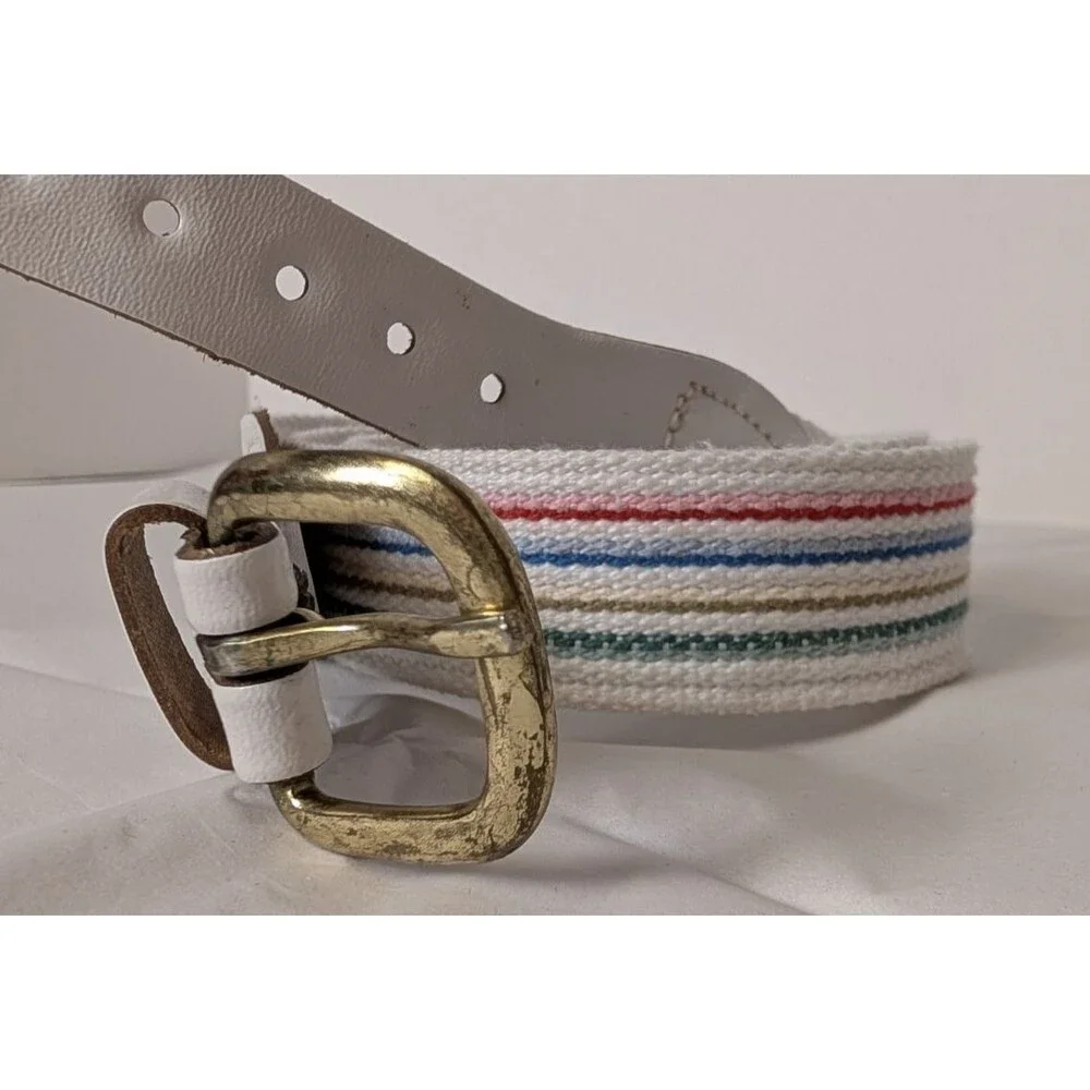 Vintage Womens XS/S Belt Multicolor Striped Boho 80s Adjustable Brass Look